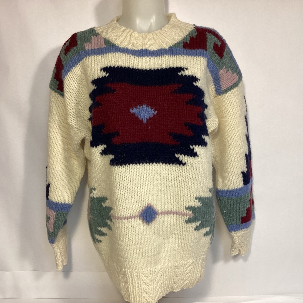VTG Susann D hand knitted Shetland Wool Womens sweater size Medium Aztec design